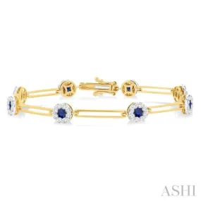 1 1/5 ctw Lovebright 3.00MM Sapphire and Round Cut Diamond Paper Clip Precious Bracelet in 14K Yellow and White Gold