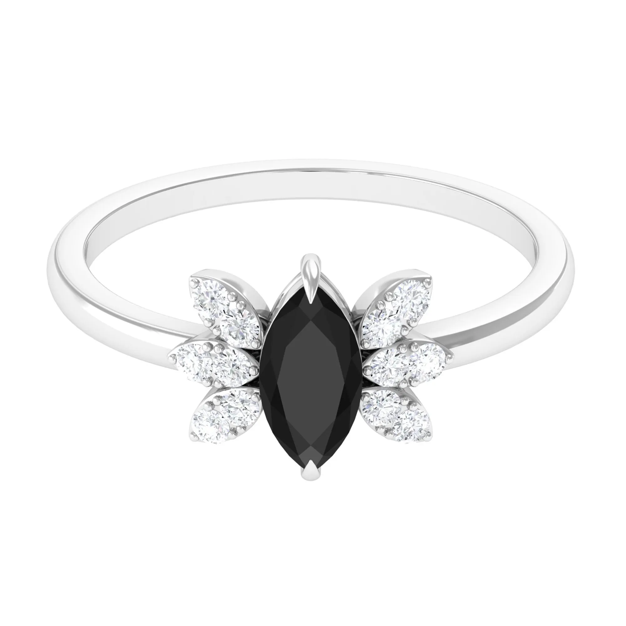 1 CT Claw Set Marquise Black Spinel and Diamond Promise Ring