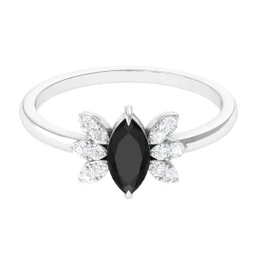 1 CT Claw Set Marquise Black Spinel and Diamond Promise Ring