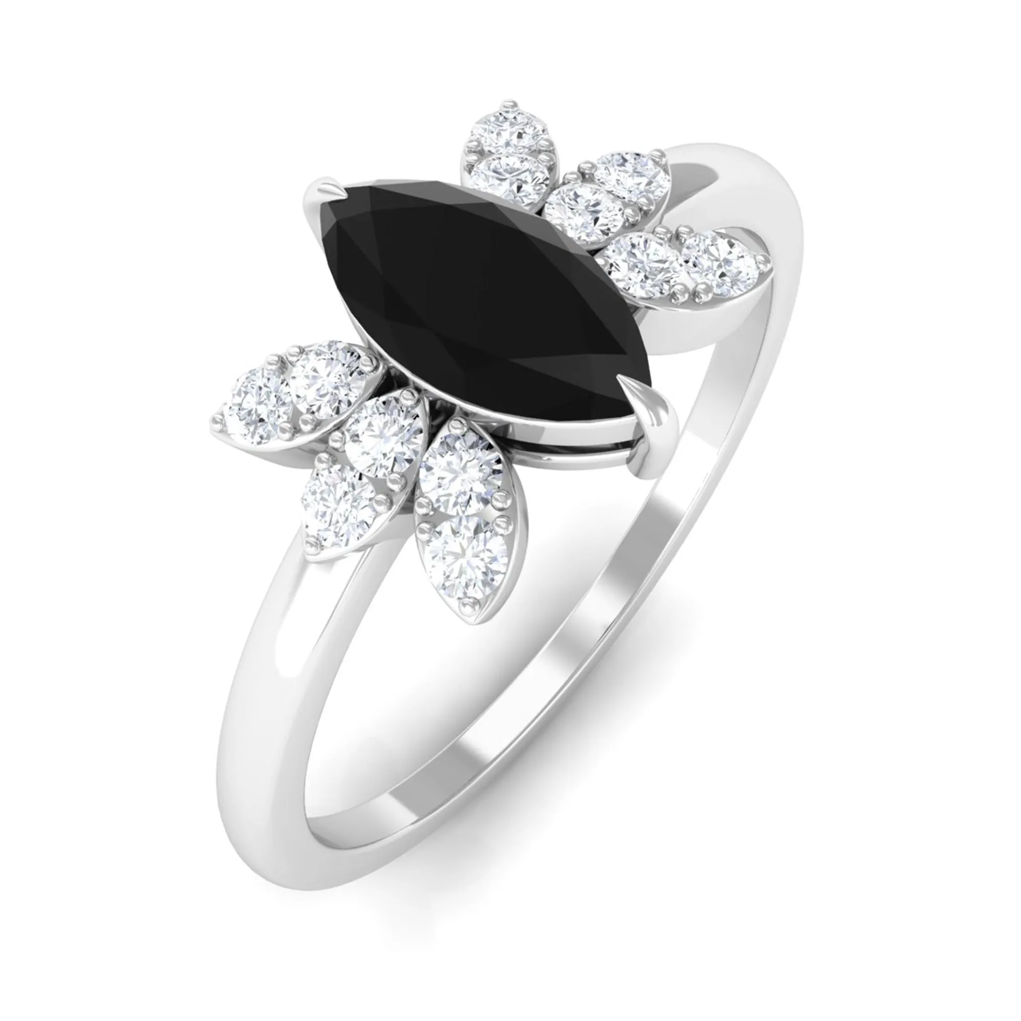 1 CT Claw Set Marquise Black Spinel and Diamond Promise Ring