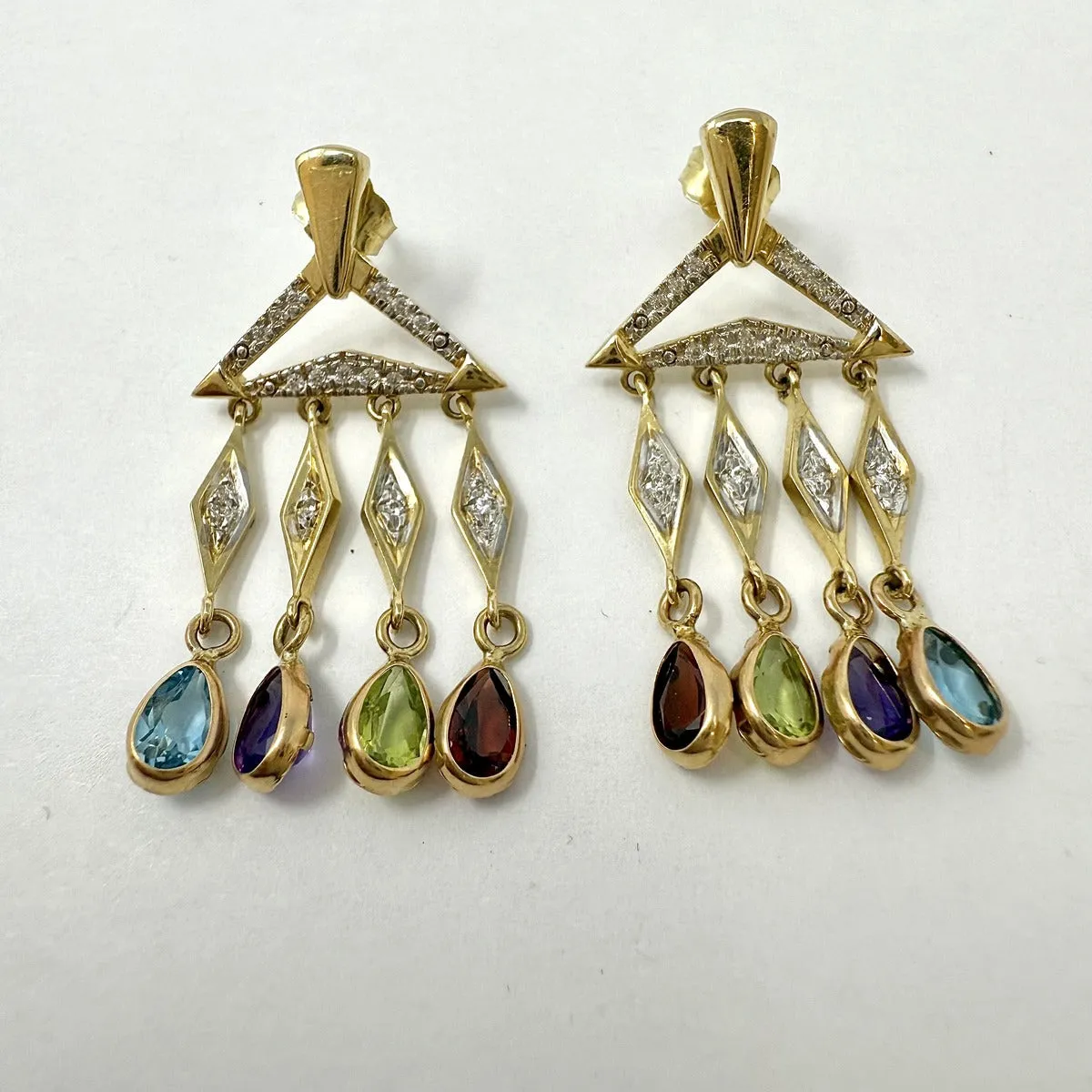 14K Gold Chandelier Earrings with Diamonds, Amethyst, Periodot and Topaz Drops