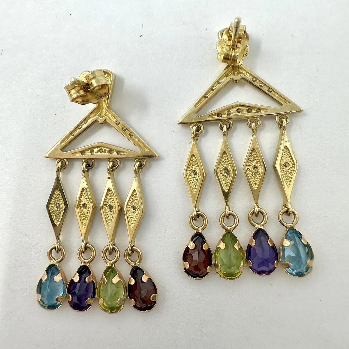 14K Gold Chandelier Earrings with Diamonds, Amethyst, Periodot and Topaz Drops