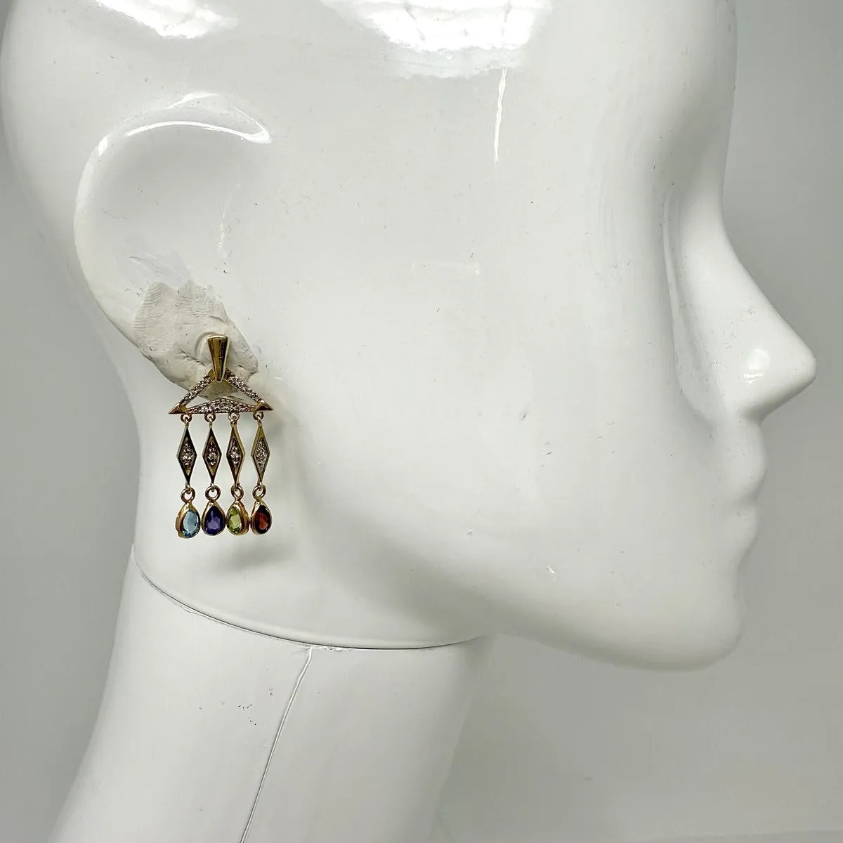 14K Gold Chandelier Earrings with Diamonds, Amethyst, Periodot and Topaz Drops