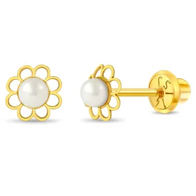 14k Gold Flower Freshwater Pearl Baby / Toddler / Kids Earrings Safety Screw Back