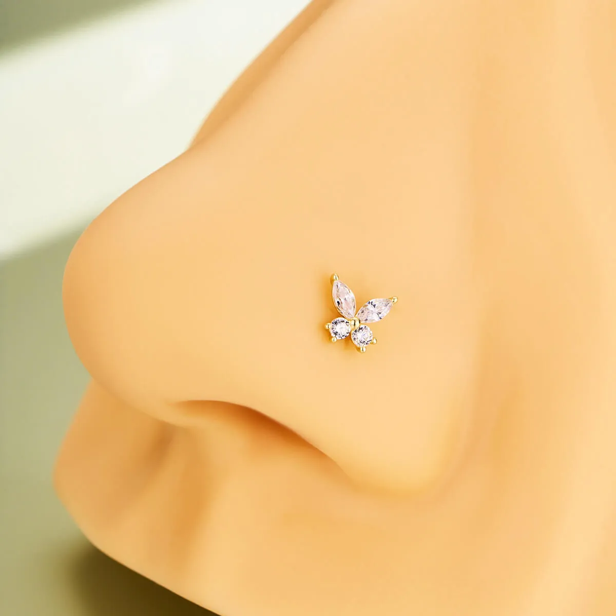 14K Solid Gold 20G Clear CZ Butterfly Top L-Shape Nose Stud