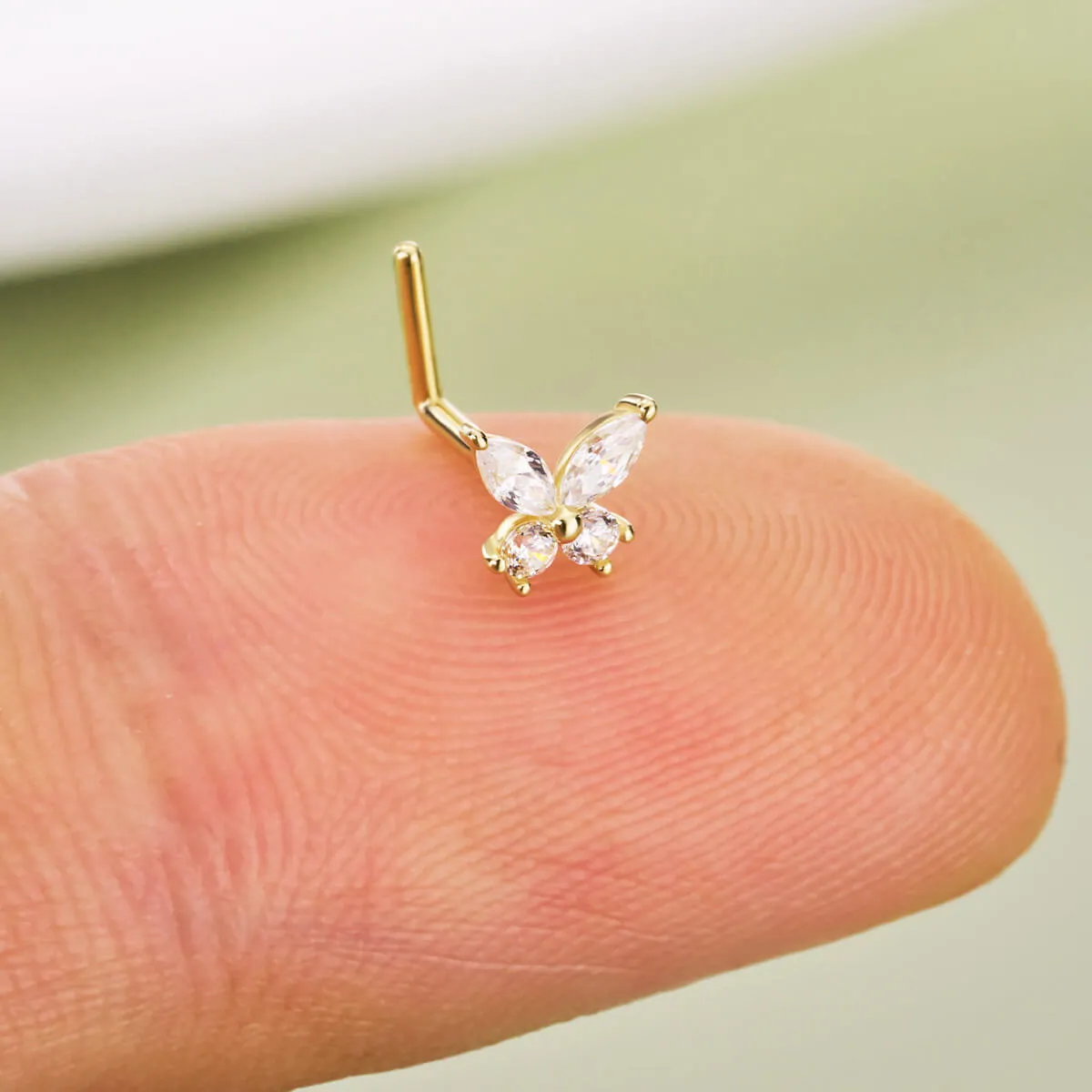 14K Solid Gold 20G Clear CZ Butterfly Top L-Shape Nose Stud