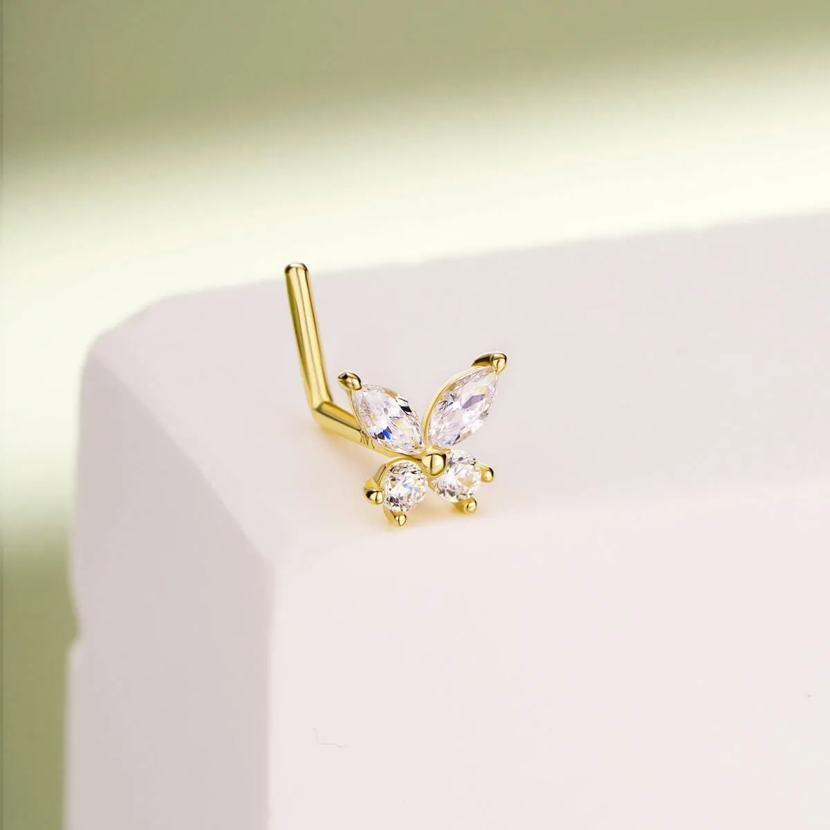 14K Solid Gold 20G Clear CZ Butterfly Top L-Shape Nose Stud