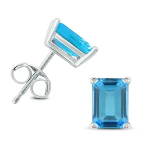 14K White Gold 6X4Mm Emerald Shaped Blue Topaz Earrings