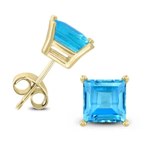 14K Yellow Gold 6Mm Square Blue Topaz Earrings