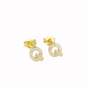 14k Yellow Gold Created Diamond Initial Q Letter Stud Earrings Plated