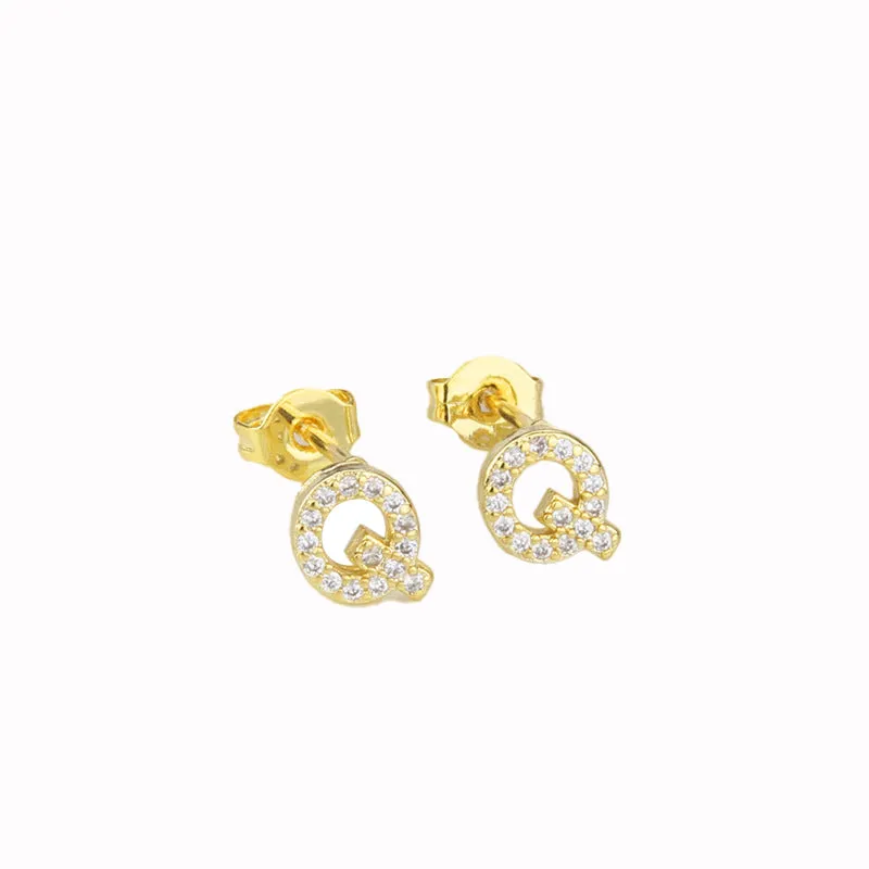 14k Yellow Gold Created Diamond Initial Q Letter Stud Earrings Plated