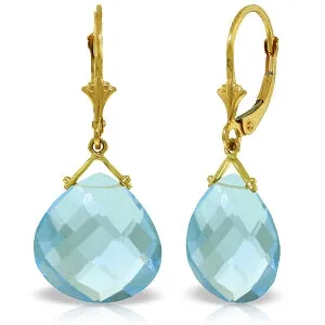 17 Carat 14K Solid Yellow Gold Leverback Earrings Checkerboard Cut Blue Topaz