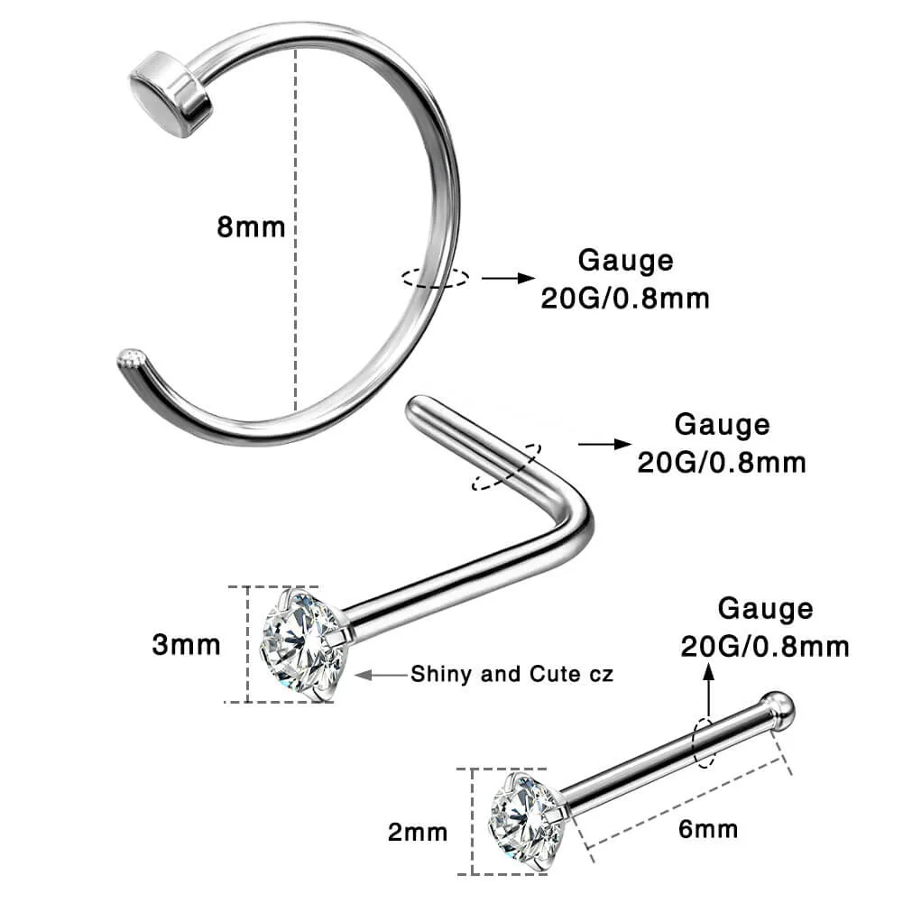 20G 3PCS Titanium Nose Studs Nose Hoop Pack