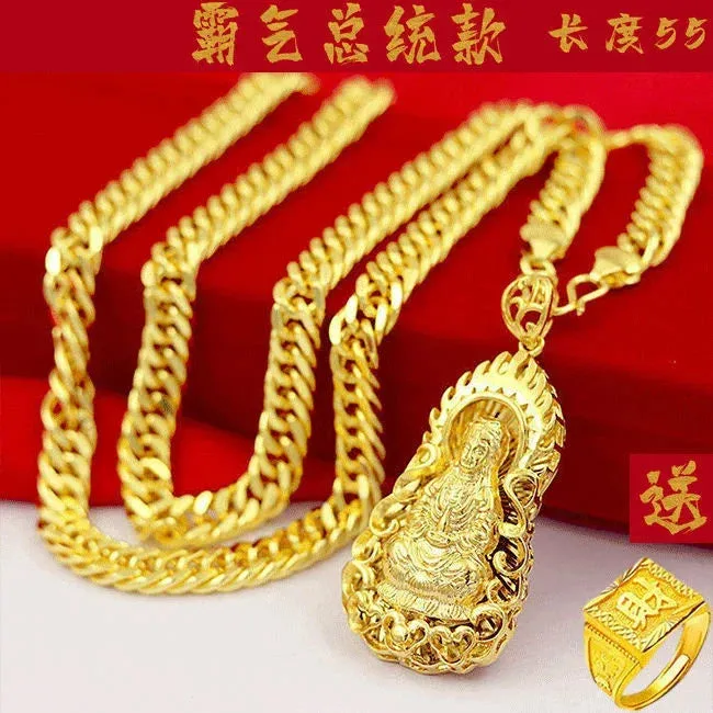 24K Gold-Plated Watch & 999 Large Pendant Chain Necklace Ring Bracelet Set for Men | Bold 18K Pure Gold Jewelry Gift