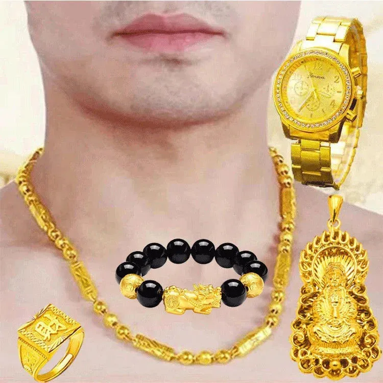 24K Gold-Plated Watch & 999 Large Pendant Chain Necklace Ring Bracelet Set for Men | Bold 18K Pure Gold Jewelry Gift