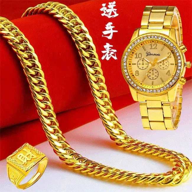 24K Gold-Plated Watch & 999 Large Pendant Chain Necklace Ring Bracelet Set for Men | Bold 18K Pure Gold Jewelry Gift