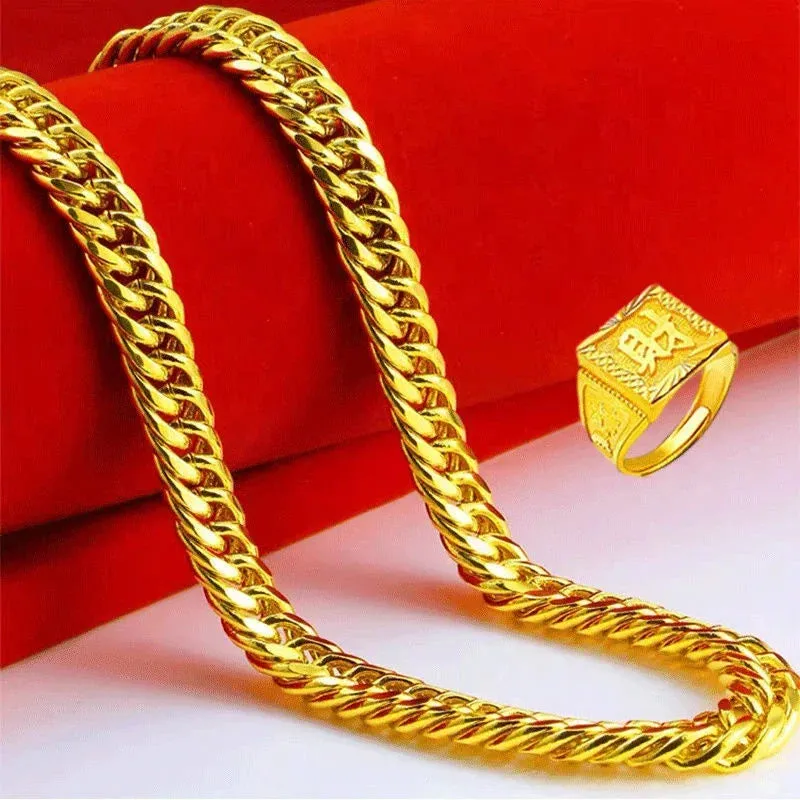 24K Gold-Plated Watch & 999 Large Pendant Chain Necklace Ring Bracelet Set for Men | Bold 18K Pure Gold Jewelry Gift