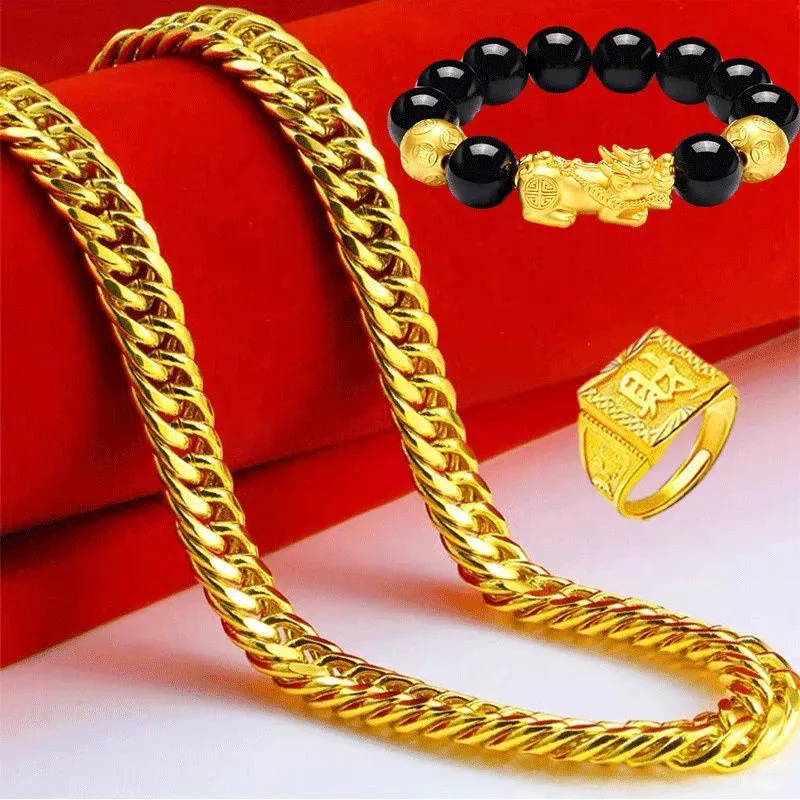 24K Gold-Plated Watch & 999 Large Pendant Chain Necklace Ring Bracelet Set for Men | Bold 18K Pure Gold Jewelry Gift