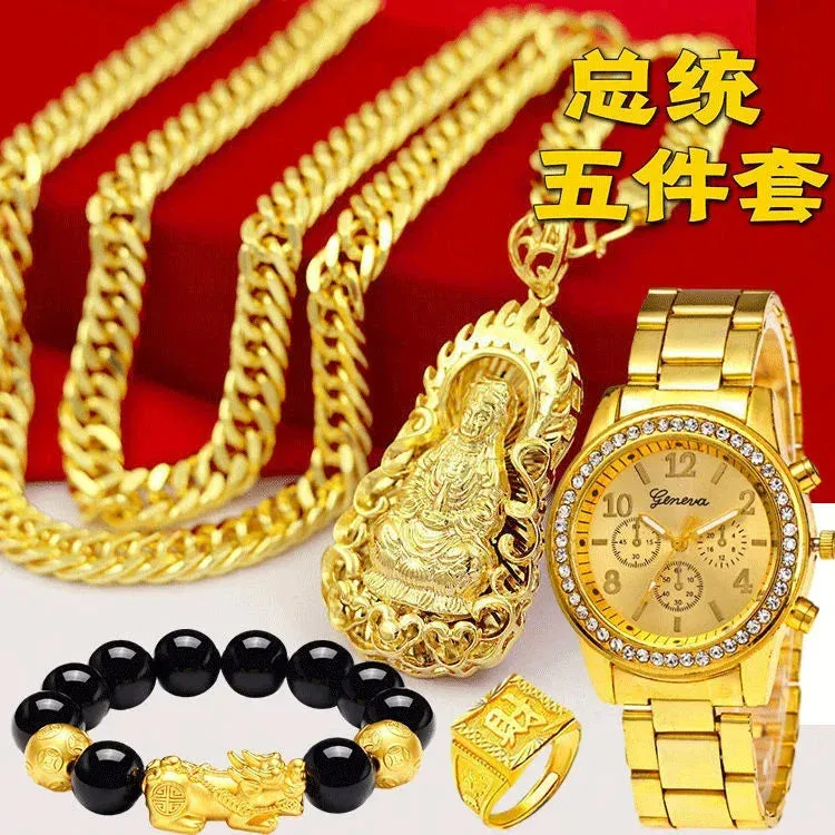 24K Gold-Plated Watch & 999 Large Pendant Chain Necklace Ring Bracelet Set for Men | Bold 18K Pure Gold Jewelry Gift