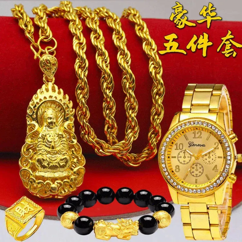 24K Gold-Plated Watch & 999 Large Pendant Chain Necklace Ring Bracelet Set for Men | Bold 18K Pure Gold Jewelry Gift