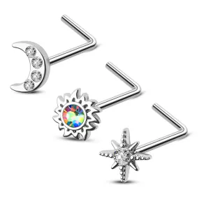 3PCS 20G Sun/Moon/Star L-Shaped Nose Stud Set