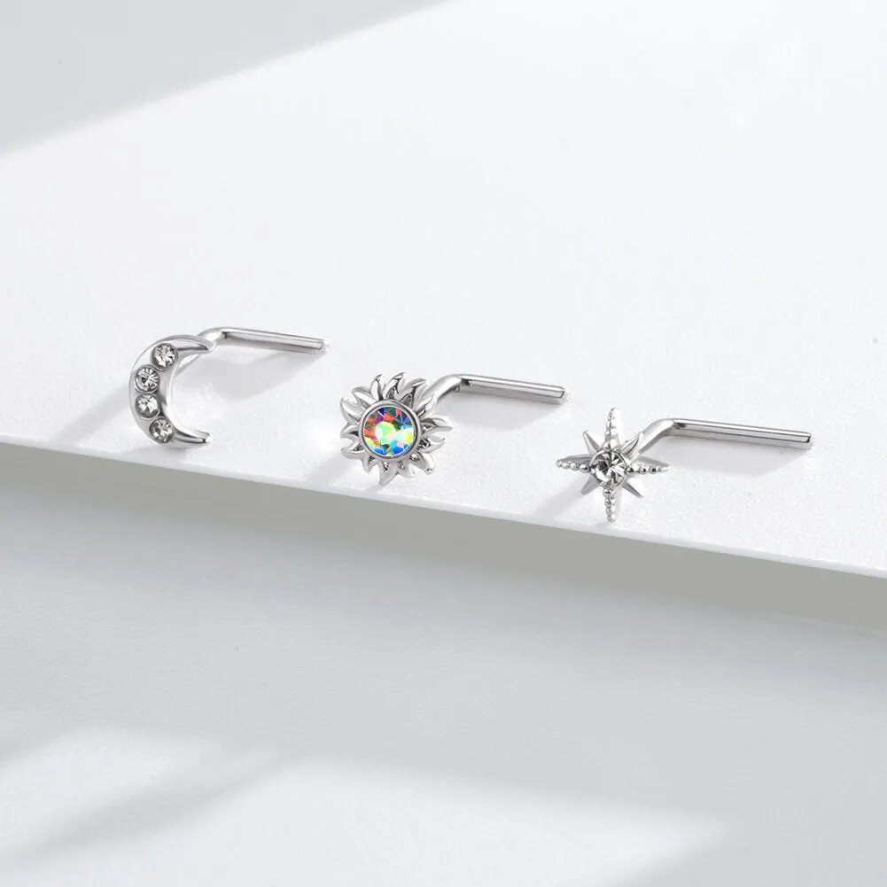 3PCS 20G Sun/Moon/Star L-Shaped Nose Stud Set