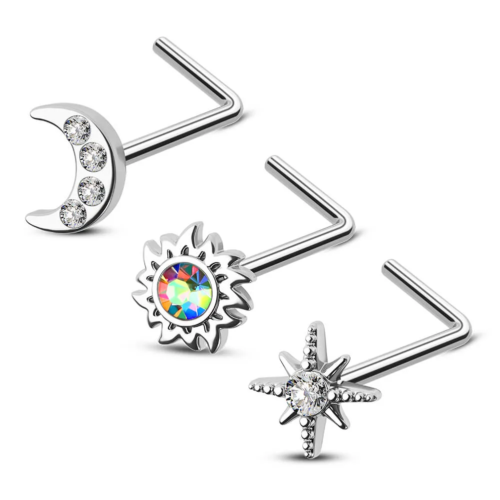 3PCS 20G Sun/Moon/Star L-Shaped Nose Stud Set