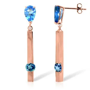 4.25 Carat 14K Solid Rose Gold Drop Bar Earrings Blue Topaz