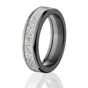 6mm Men's Black Zirconium Wedding Band with Meteorite inlay - Men's Rings