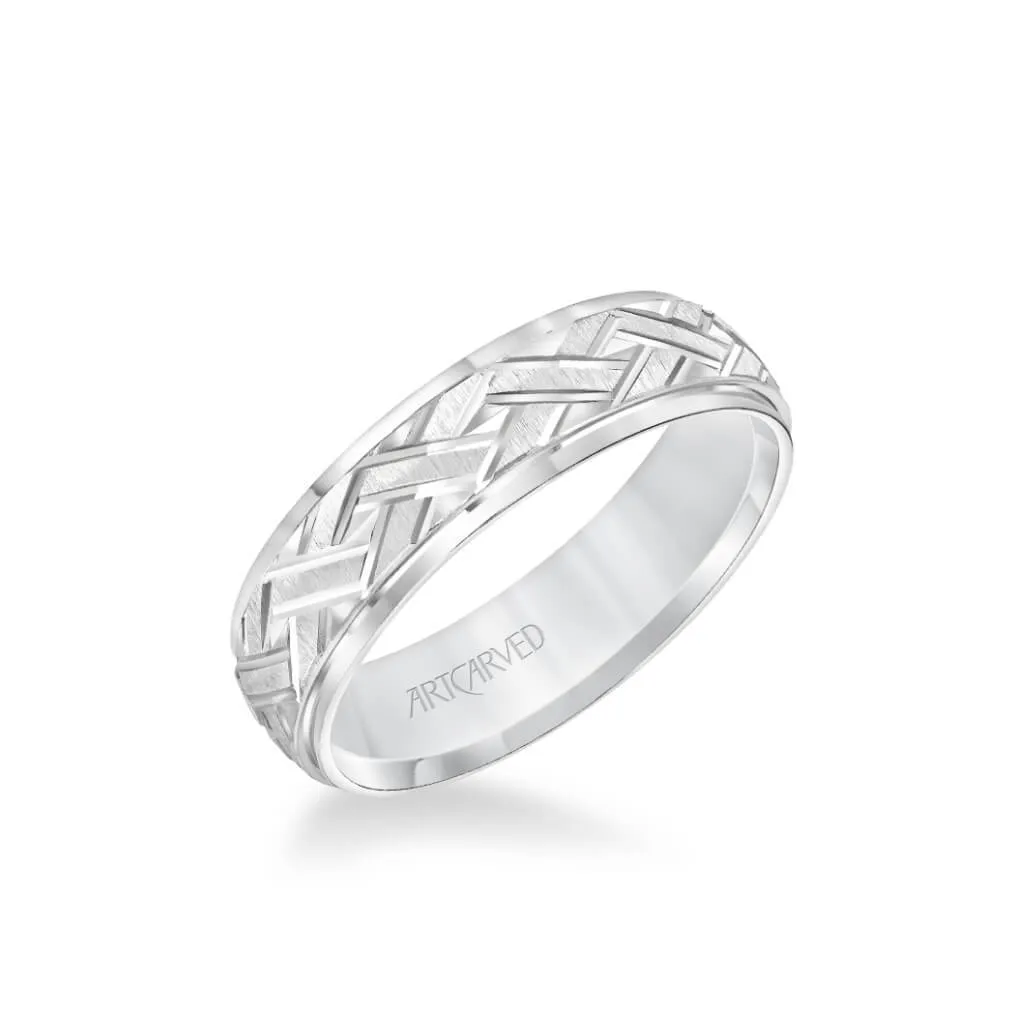 6MM Men's Classic Wedding Band - Criss-Cross Swiss Cut Engraved Design And Step Edge