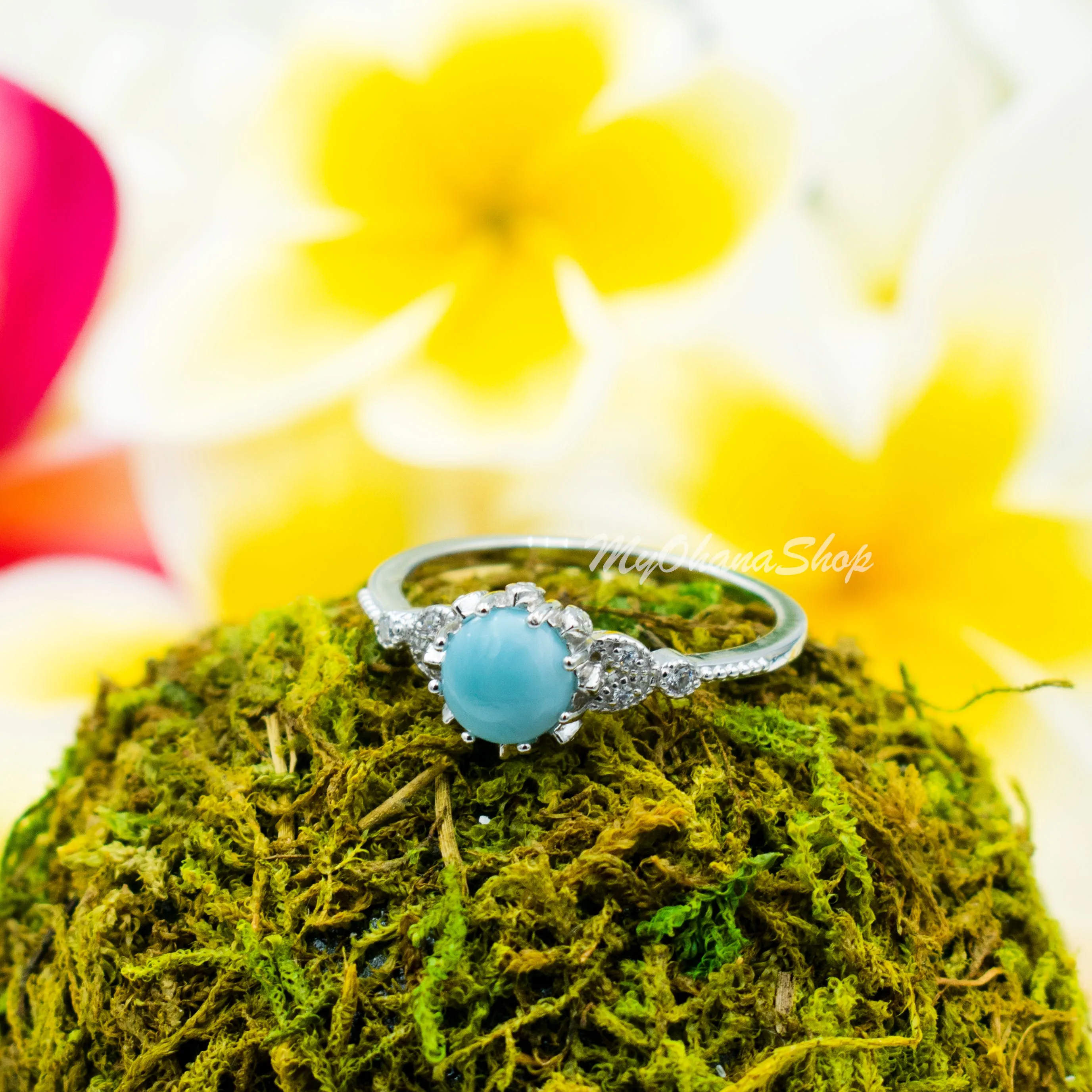 925 Sterling Silver Blue Larimar, White Opal Ring For Women. 9mm Round Gemstone, Stackable Ring For Pinky, Statement, Middle & Index Finger.