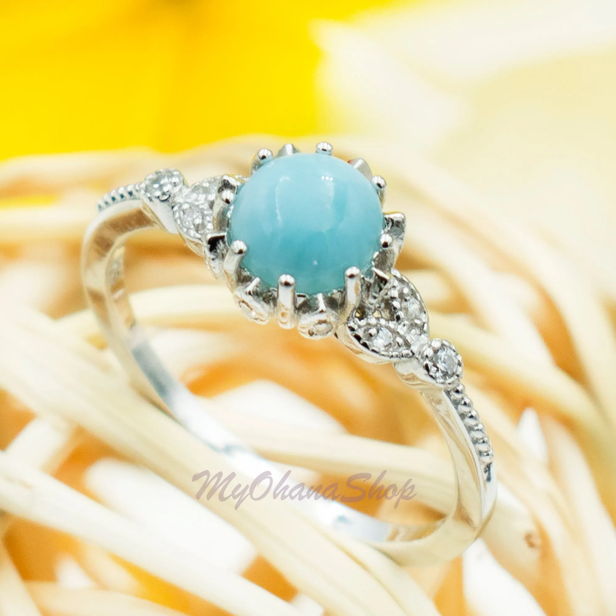 925 Sterling Silver Blue Larimar, White Opal Ring For Women. 9mm Round Gemstone, Stackable Ring For Pinky, Statement, Middle & Index Finger.