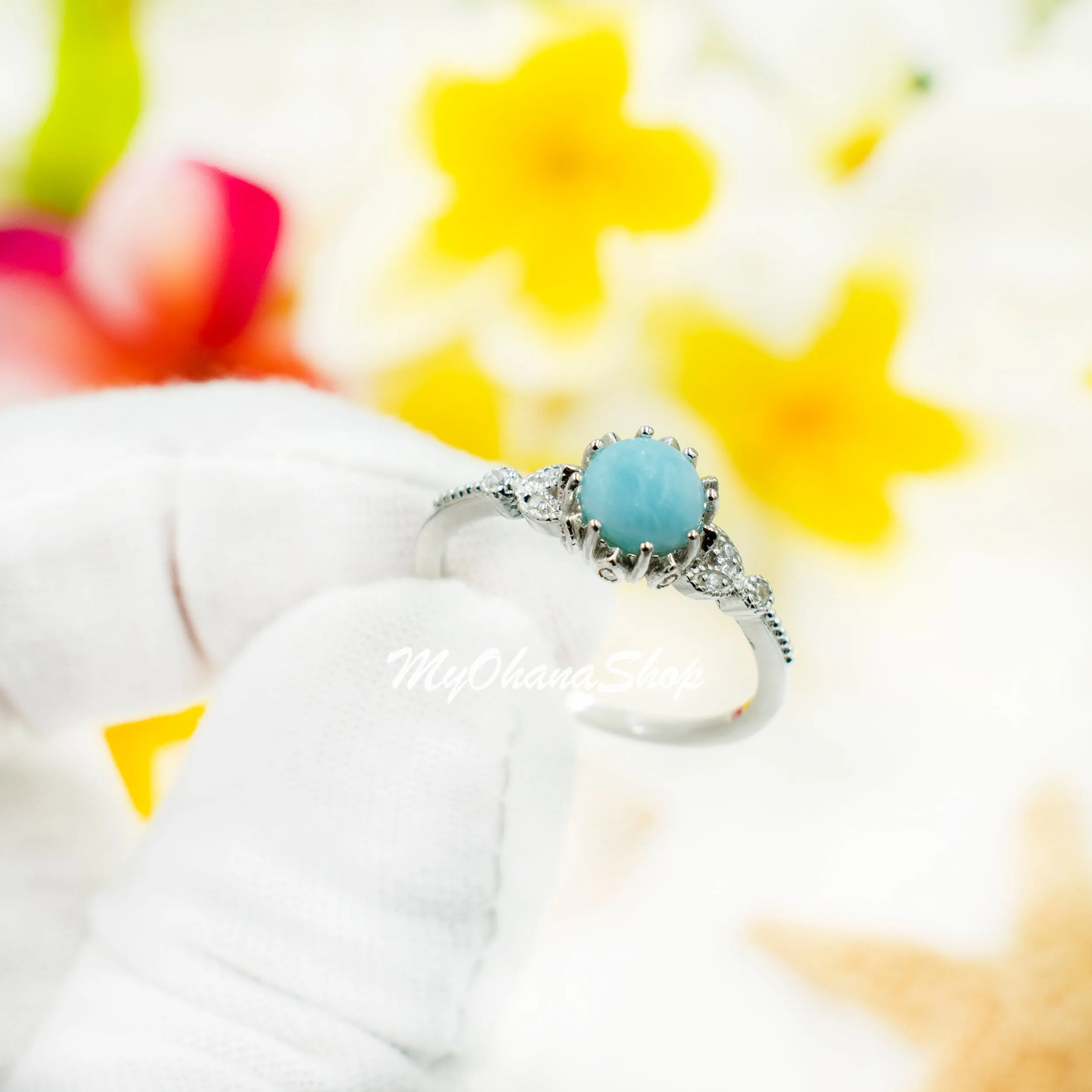 925 Sterling Silver Blue Larimar, White Opal Ring For Women. 9mm Round Gemstone, Stackable Ring For Pinky, Statement, Middle & Index Finger.