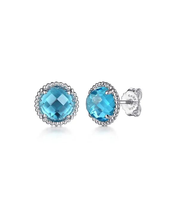 925 Sterling Silver Blue Topaz Stud Earrings with Bujukan Bead Frame