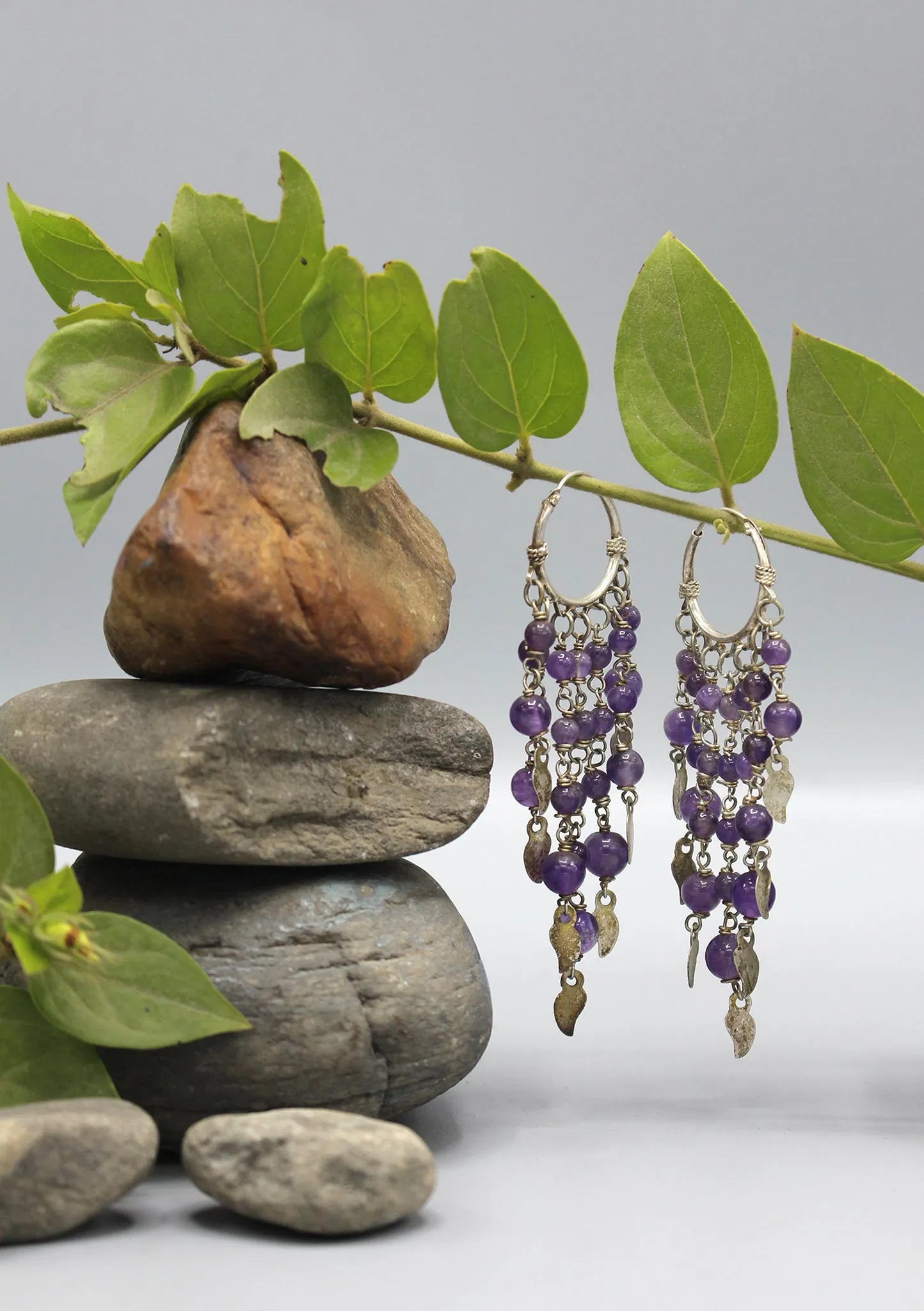 Amethyst Beaded Sterling Silver Fringe Earrings