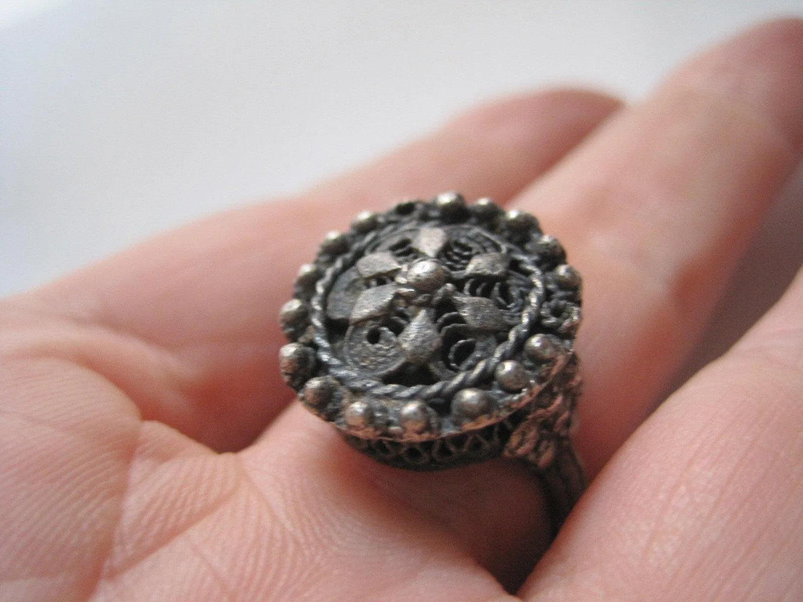 Antique Balkan Silver Filigree Rattle Ring