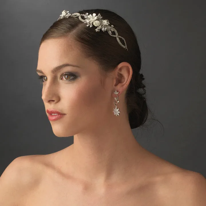 Antique Silver Ivory Bridal Headband with Flower Accents