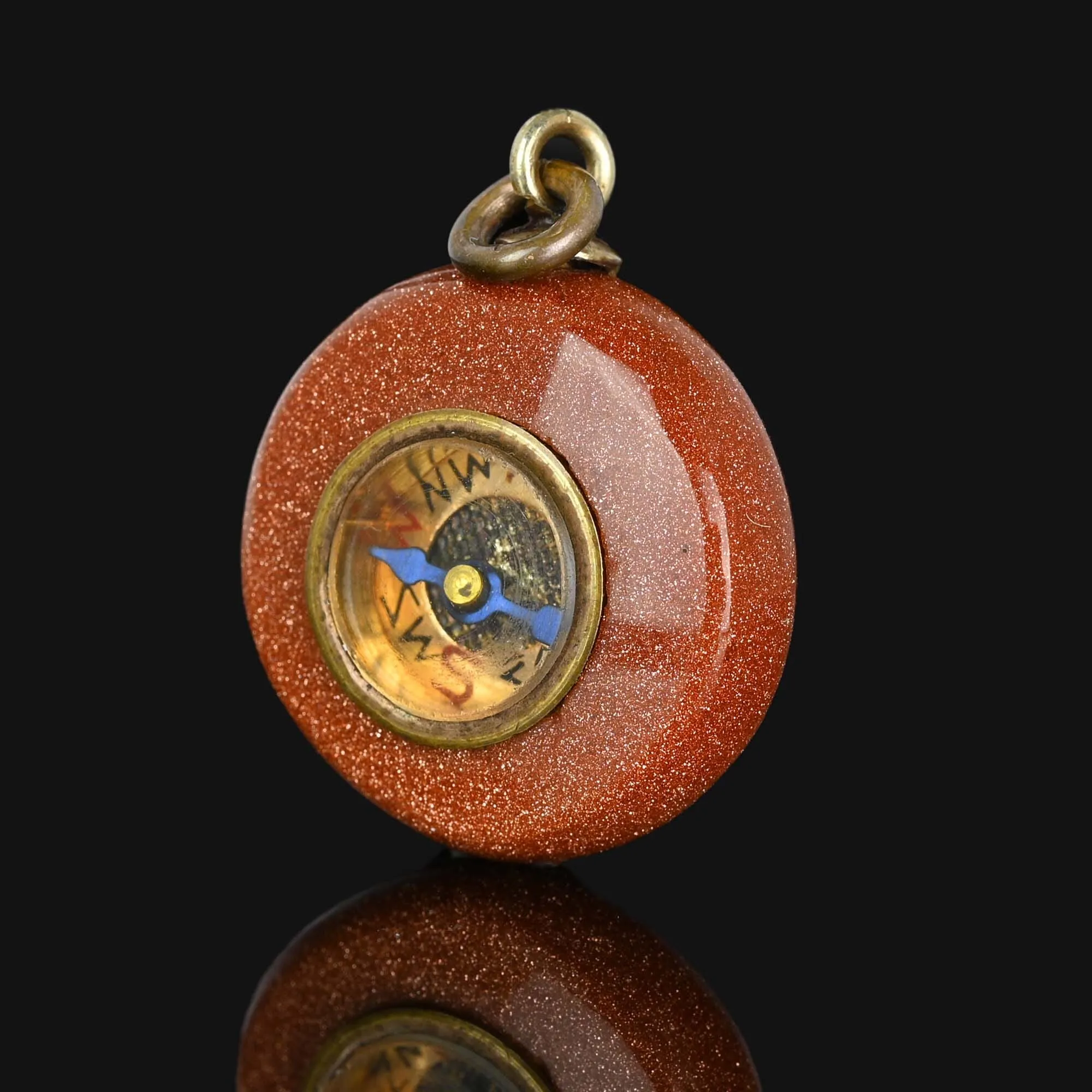 Antique Victorian Goldstone Working Compass Fob Pendant