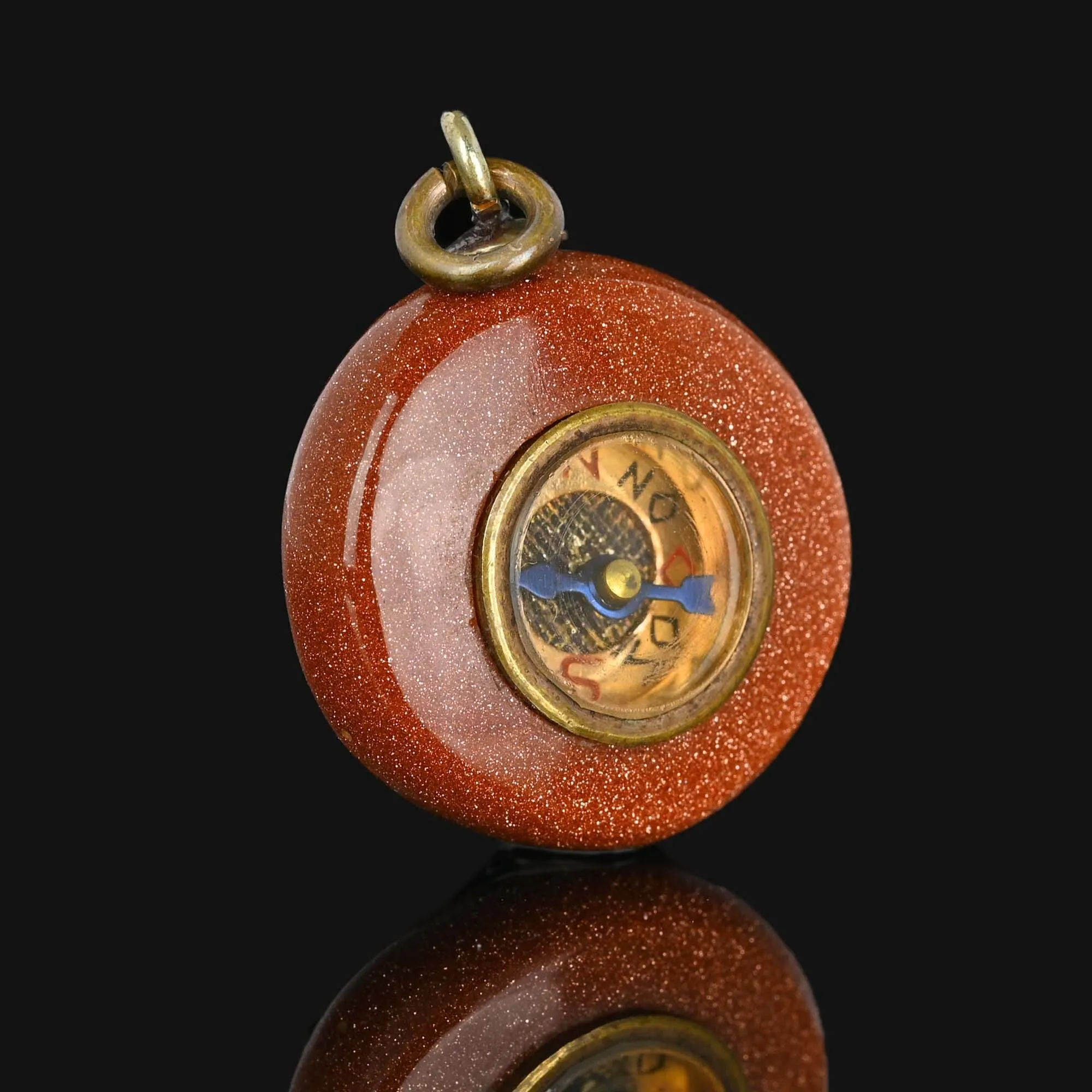 Antique Victorian Goldstone Working Compass Fob Pendant