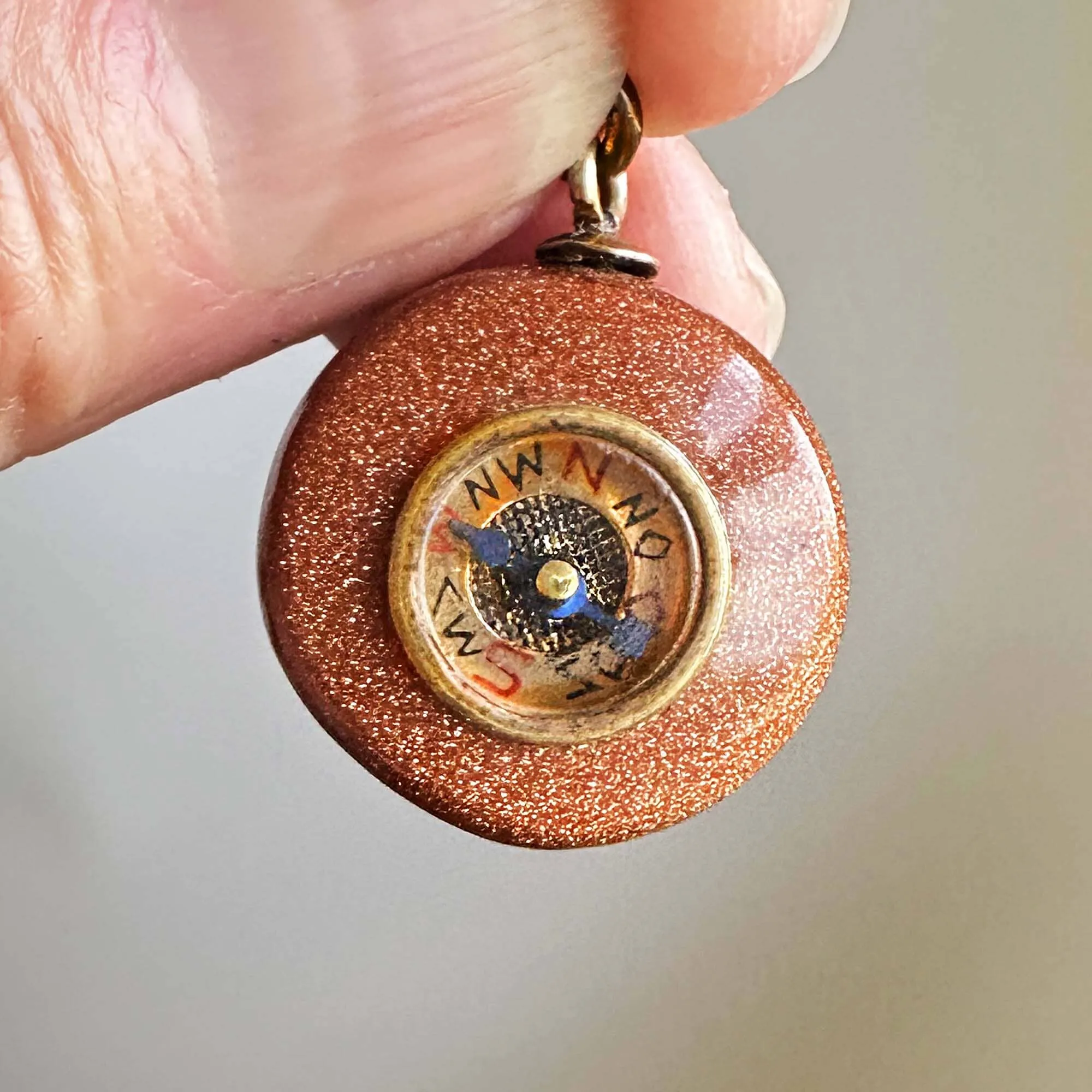 Antique Victorian Goldstone Working Compass Fob Pendant