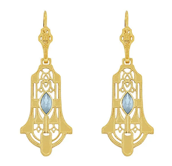 Art Deco Geometric Sky Blue Topaz Dangling Filigree Earrings in Sterling Silver with Yellow Gold Vermeil