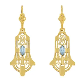 Art Deco Geometric Sky Blue Topaz Dangling Filigree Earrings in Sterling Silver with Yellow Gold Vermeil