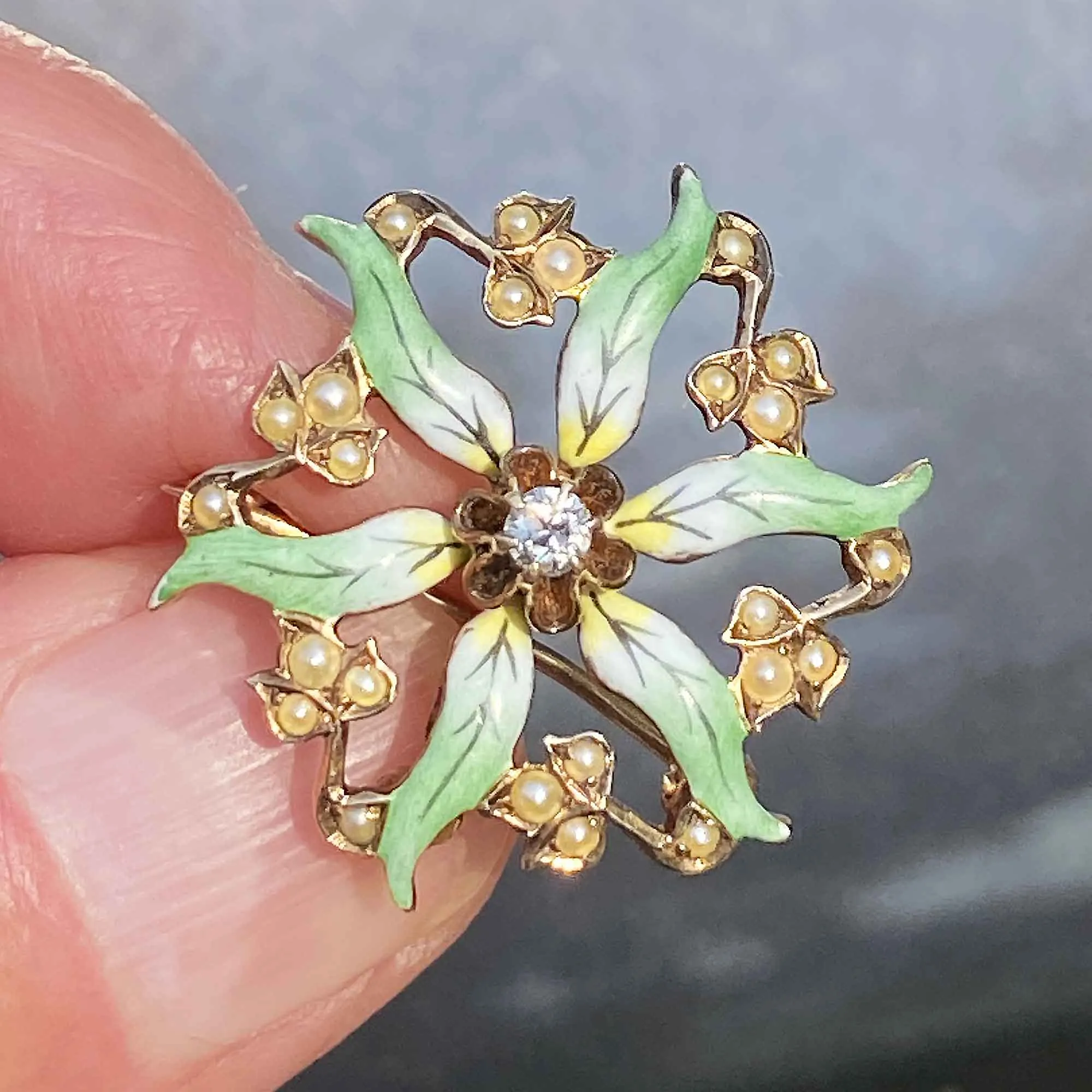 Art Nouveau Enamel Flower Pearl Diamond Brooch