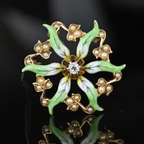 Art Nouveau Enamel Flower Pearl Diamond Brooch