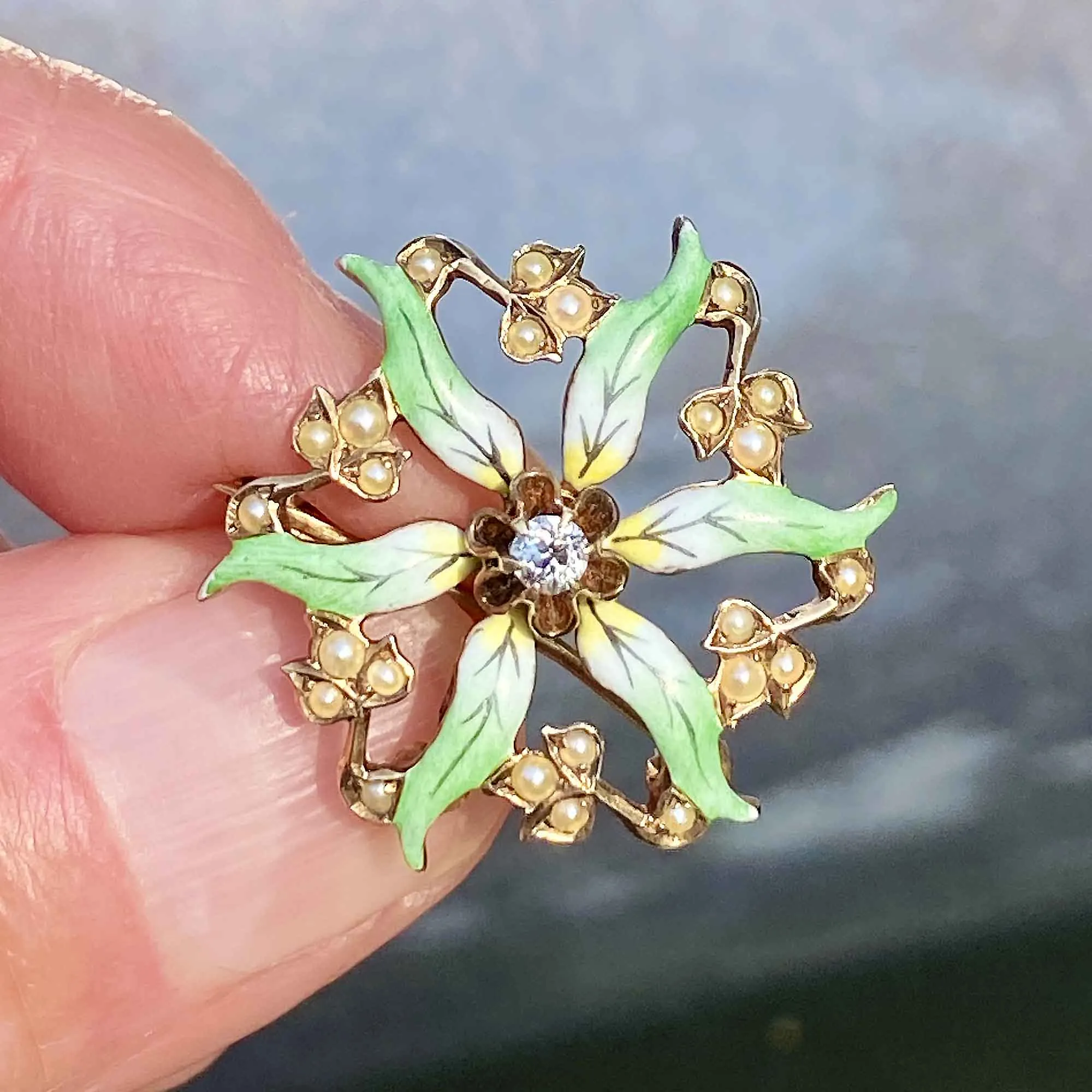 Art Nouveau Enamel Flower Pearl Diamond Brooch