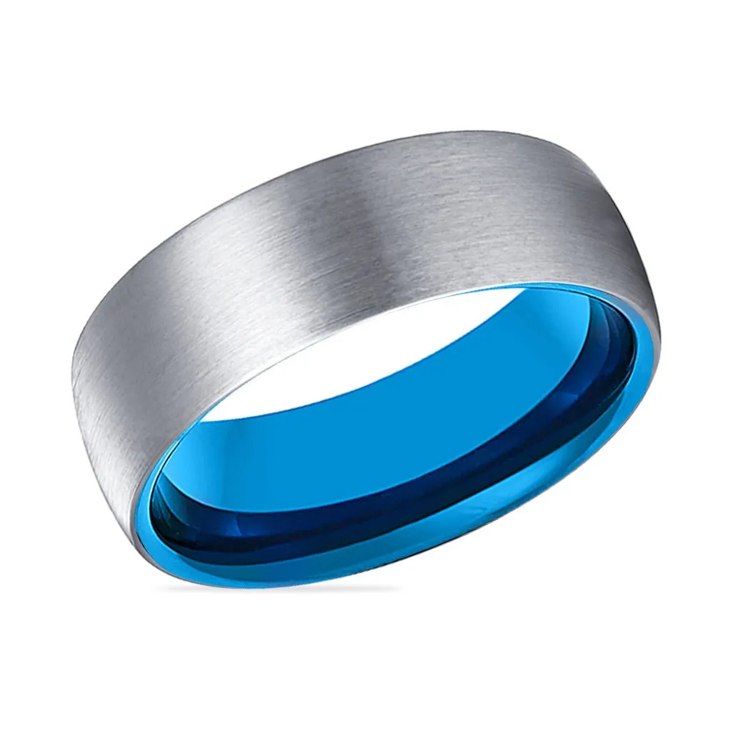 ARTIC | Blue Tungsten Ring, Silver Tungsten Ring, Brushed, Domed