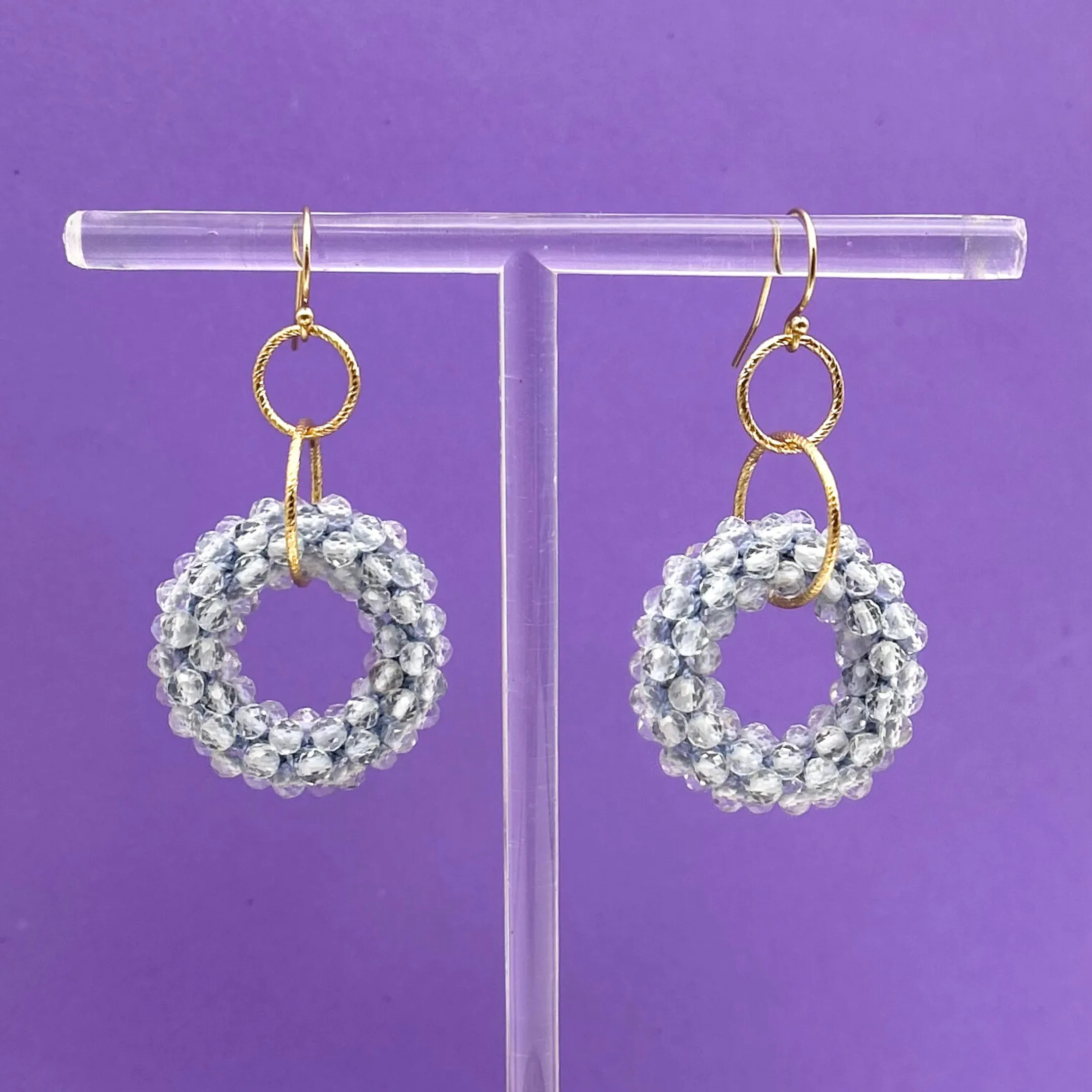 Beaded Gemstone Earrings: Clear White Topaz and Double Gold Rings