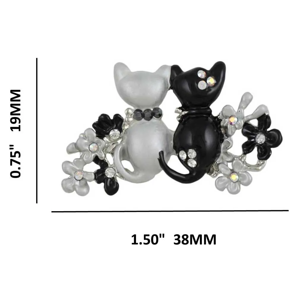 Black and Gray Enamel Cats in Flower Garden Brooch Pin - PRC303