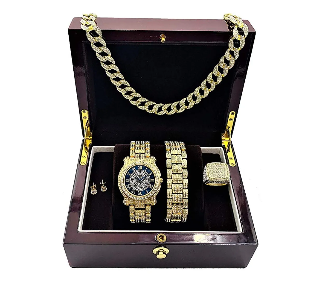 Black Face Gold Color Watch Simulated Diamond Cuban Link Chain Hip Hop Ring Bundle Bracelet Earrings Gift Set