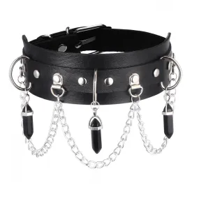 Black Vegan Leather Collar w/ Black Crystals and Chains